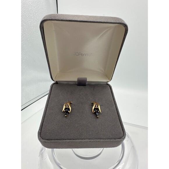 14K Solid Gold Natural Sapphire & Diamond Earrings – Marquise Cut, JC Penney - Picture 2 of 9